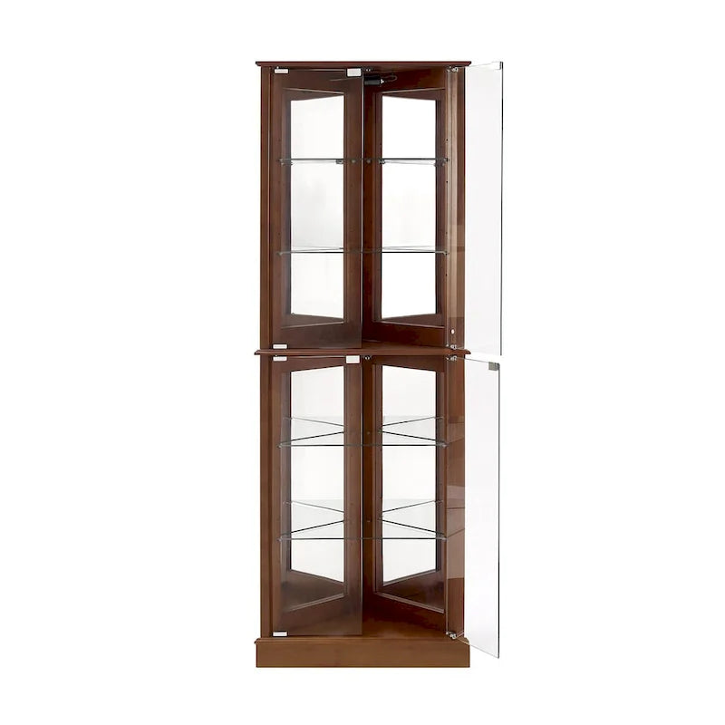 Vitrine d'angle avec éclairage, étagères réglables en verre trempé, fond miroir