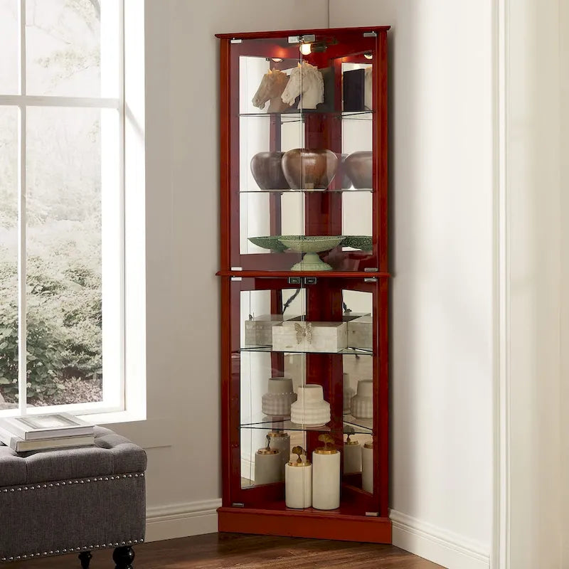 Vitrine d'angle avec éclairage, étagères réglables en verre trempé, fond miroir