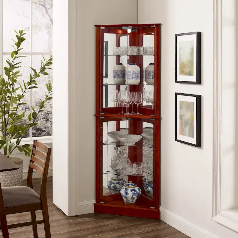 Vitrine d'angle avec éclairage, étagères réglables en verre trempé, fond miroir