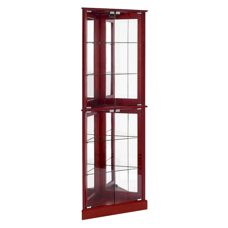 Vitrine d'angle avec éclairage, étagères réglables en verre trempé, fond miroir
