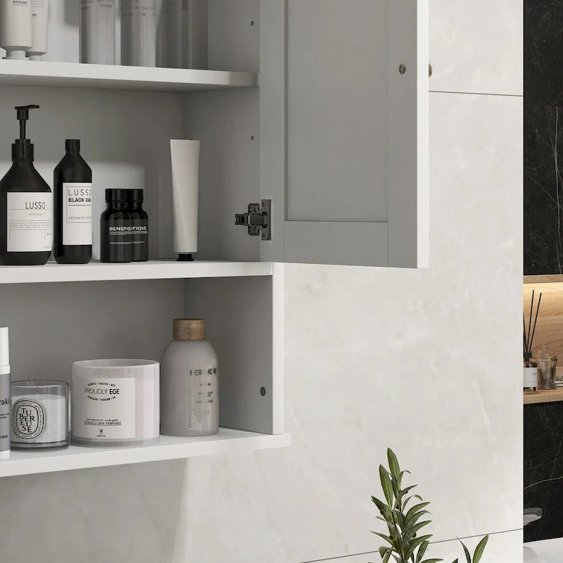 Meuble haut de salle de bain, Armoire à pharmacie murale avec étagère ouverte et étagère réglable, Rangement pour buanderie, Blanc