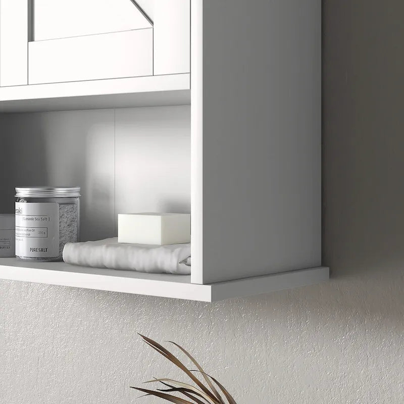 Meuble haut de salle de bain, Armoire à pharmacie murale avec étagère ouverte et étagère réglable, Rangement pour buanderie, Blanc