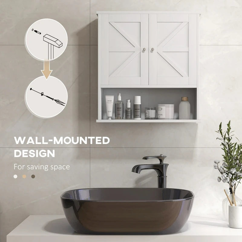 Meuble haut de salle de bain, Armoire à pharmacie murale avec étagère ouverte et étagère réglable, Rangement pour buanderie, Blanc