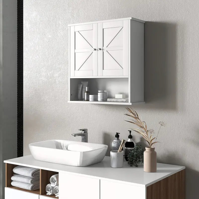 Meuble haut de salle de bain, Armoire à pharmacie murale avec étagère ouverte et étagère réglable, Rangement pour buanderie, Blanc