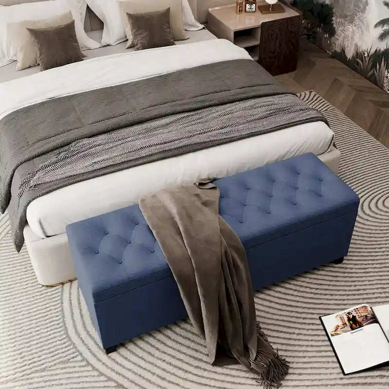 Banc de rangement ottoman extra long de 140 cm avec coffre de rangement à couvercle rabattable et assise rembourrée pour entrée et pied de lit