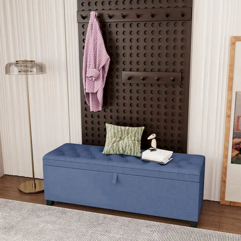Banc de rangement ottoman extra long de 140 cm avec coffre de rangement à couvercle rabattable et assise rembourrée pour entrée et pied de lit
