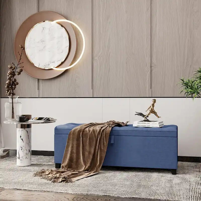 Banc de rangement ottoman extra long de 140 cm avec coffre de rangement à couvercle rabattable et assise rembourrée pour entrée et pied de lit