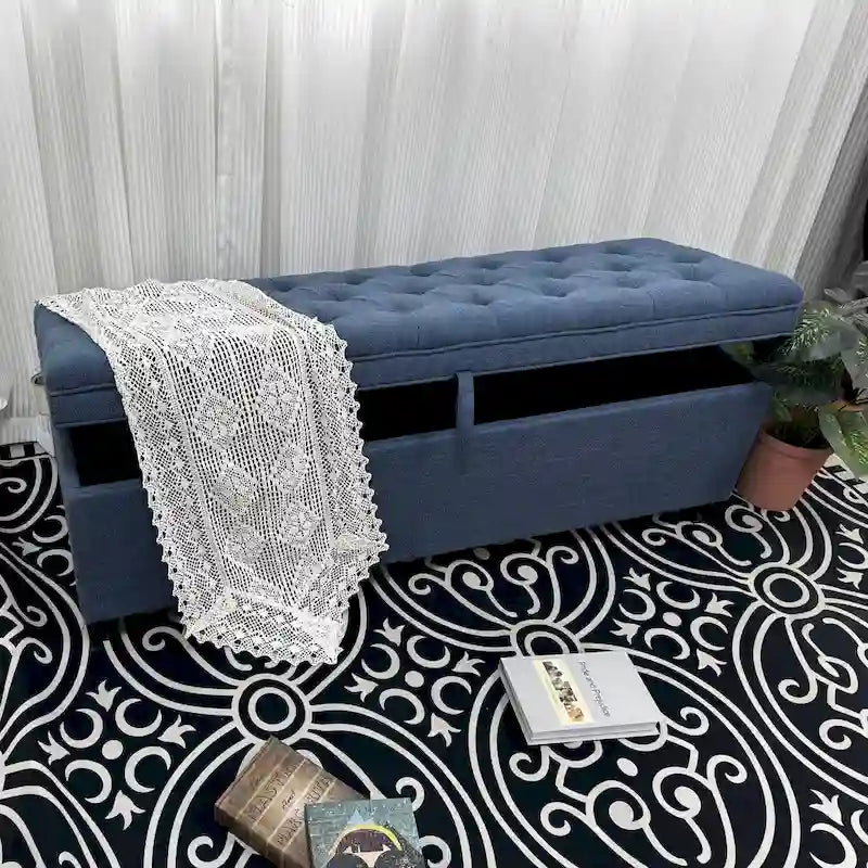 Banc de rangement ottoman extra long de 140 cm avec coffre de rangement à couvercle rabattable et assise rembourrée pour entrée et pied de lit