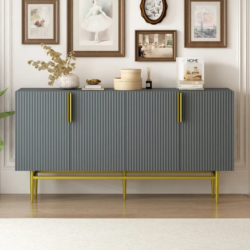 TREXM Buffet moderne élégant à 4 portes avec poignées en métal doré pour salle à manger, salon, chambre, couloir
