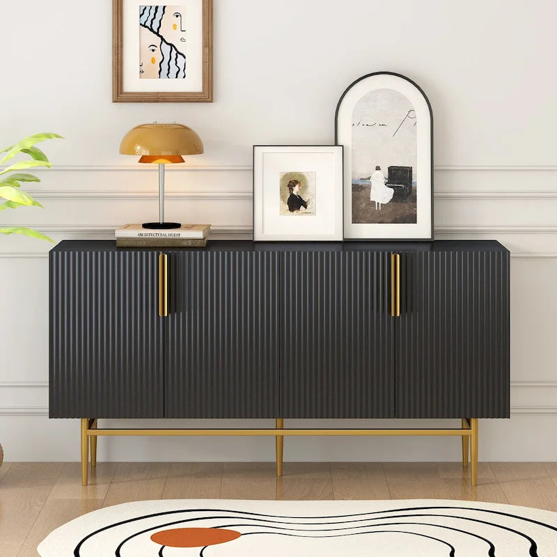 TREXM Buffet moderne élégant à 4 portes avec poignées en métal doré pour salle à manger, salon, chambre, couloir
