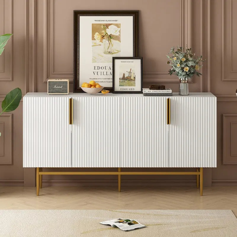 TREXM Buffet moderne élégant à 4 portes avec poignées en métal doré pour salle à manger, salon, chambre, couloir