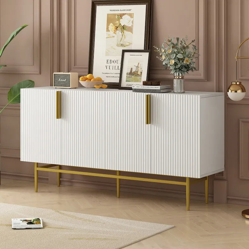 TREXM Buffet moderne élégant à 4 portes avec poignées en métal doré pour salle à manger, salon, chambre, couloir