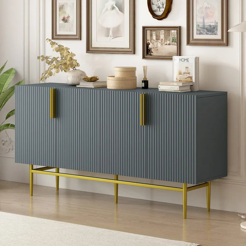 TREXM Buffet moderne élégant à 4 portes avec poignées en métal doré pour salle à manger, salon, chambre, couloir