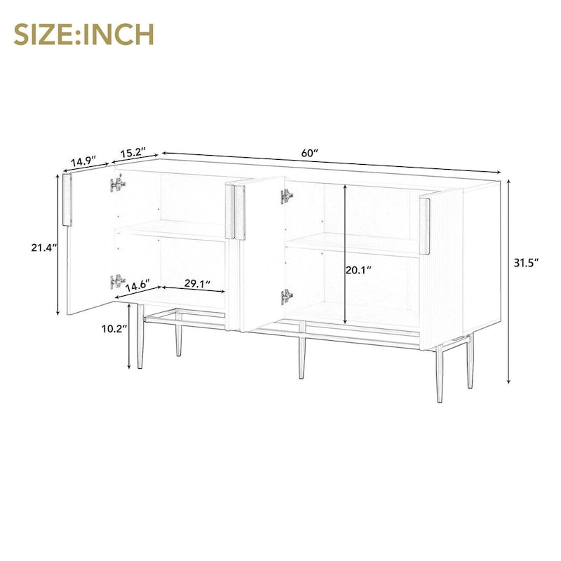 TREXM Buffet moderne élégant à 4 portes avec poignées en métal doré pour salle à manger, salon, chambre, couloir