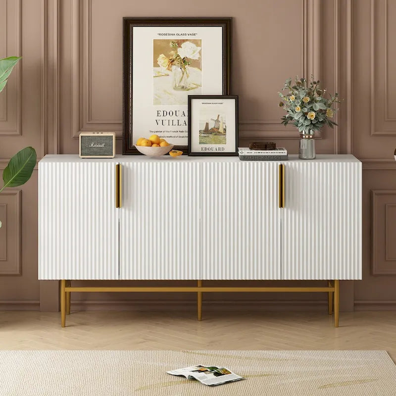 TREXM Buffet moderne élégant à 4 portes avec poignées en métal doré pour salle à manger, salon, chambre, couloir