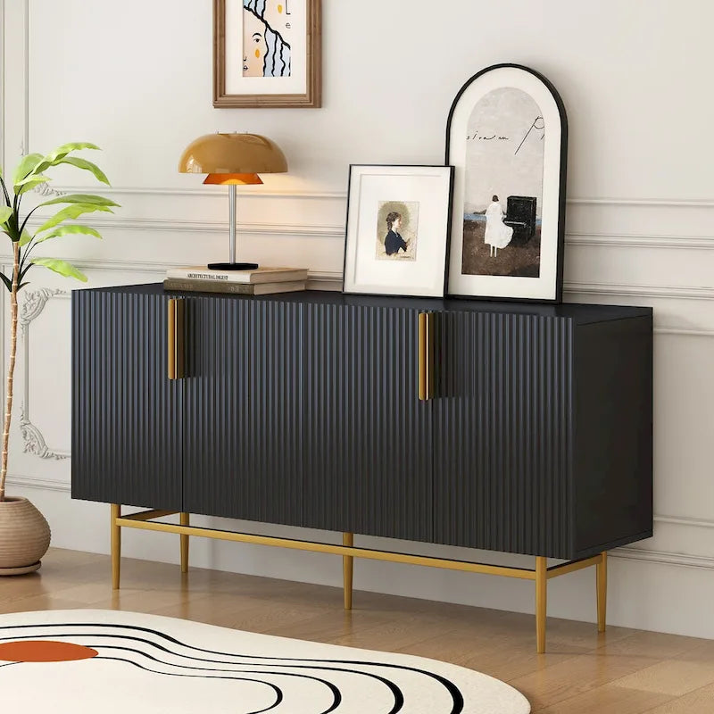 TREXM Buffet moderne élégant à 4 portes avec poignées en métal doré pour salle à manger, salon, chambre, couloir