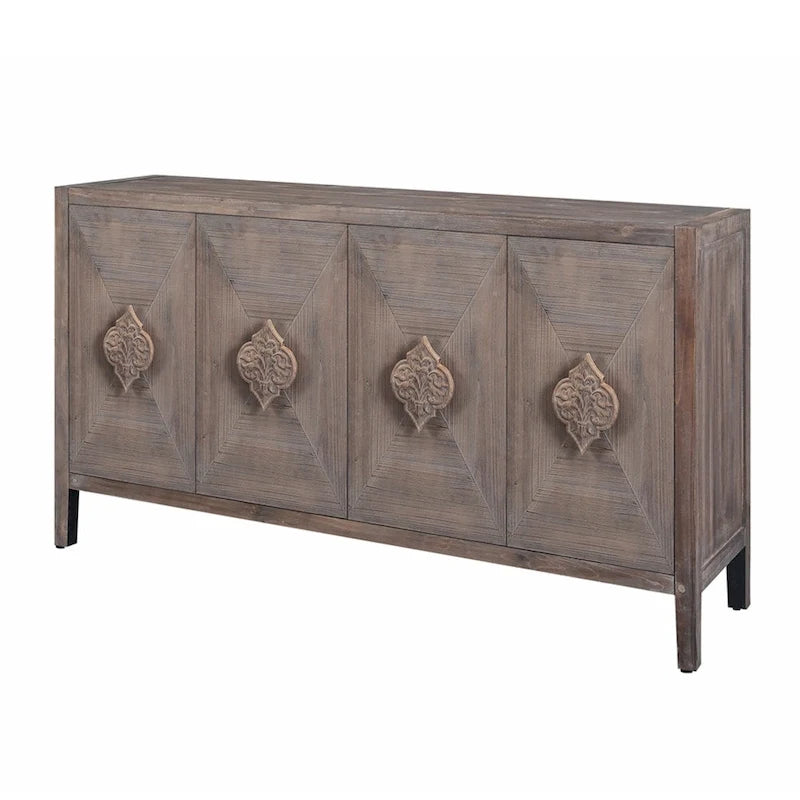 Armoire antique à quatre portes avec poignée de porte sculptée en forme de fleur