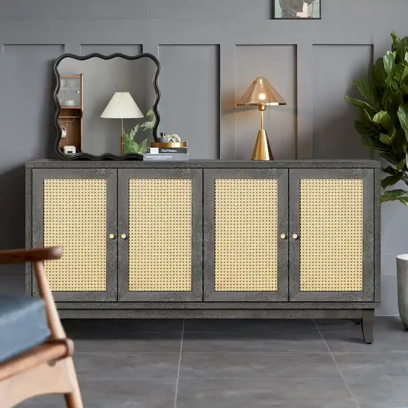 Panneaux de grain de qualité supérieure faits à la main, buffet avec 4 portes en rotin, console de rangement moderne