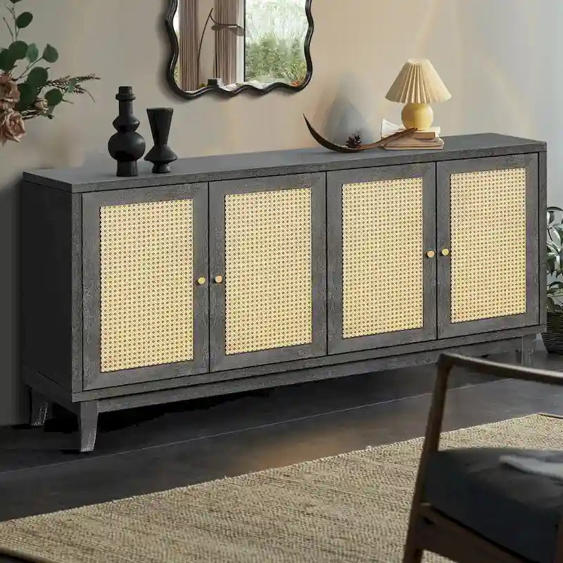 Panneaux de grain de qualité supérieure faits à la main, buffet avec 4 portes en rotin, console de rangement moderne