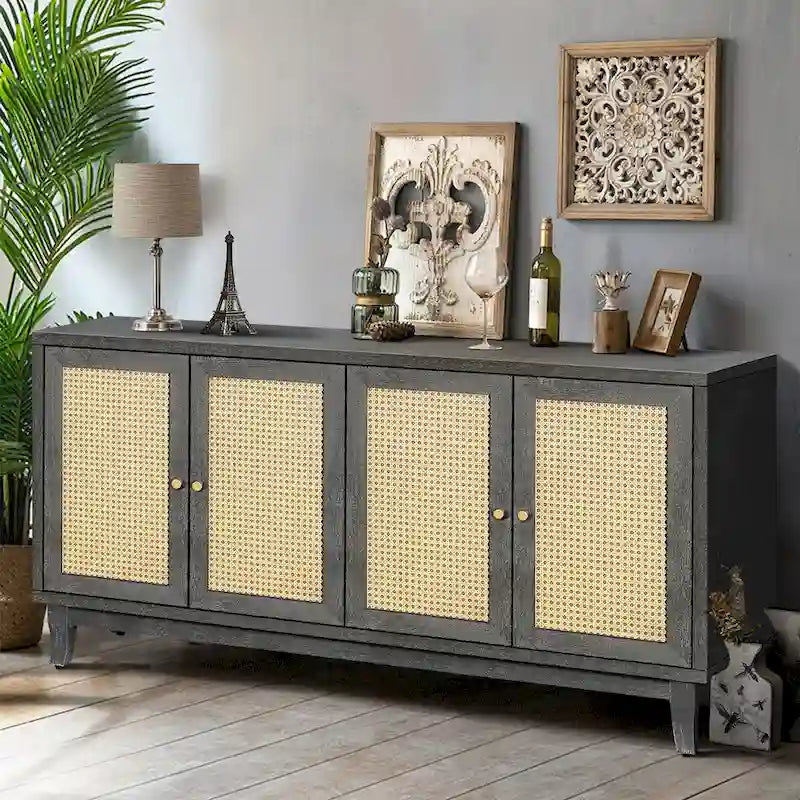 Panneaux de grain de qualité supérieure faits à la main, buffet avec 4 portes en rotin, console de rangement moderne