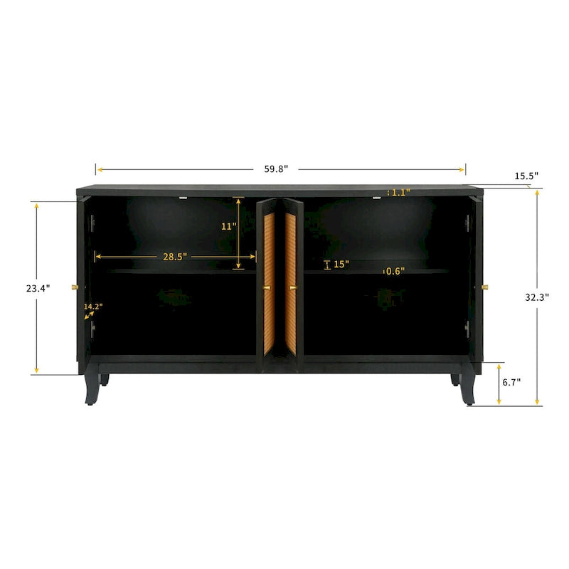 Panneaux de grain de qualité supérieure faits à la main, buffet avec 4 portes en rotin, console de rangement moderne