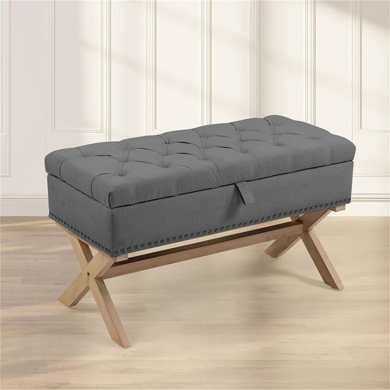Banc de rangement capitonné en lin avec 35 boutons