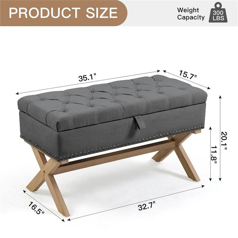 Banc de rangement capitonné en lin avec 35 boutons
