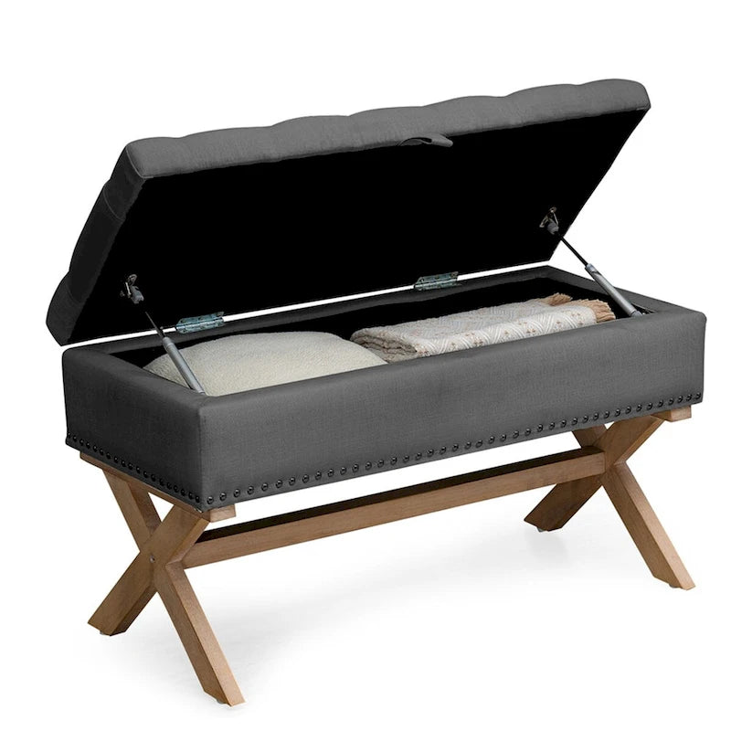 Banc de rangement capitonné en lin avec 35 boutons