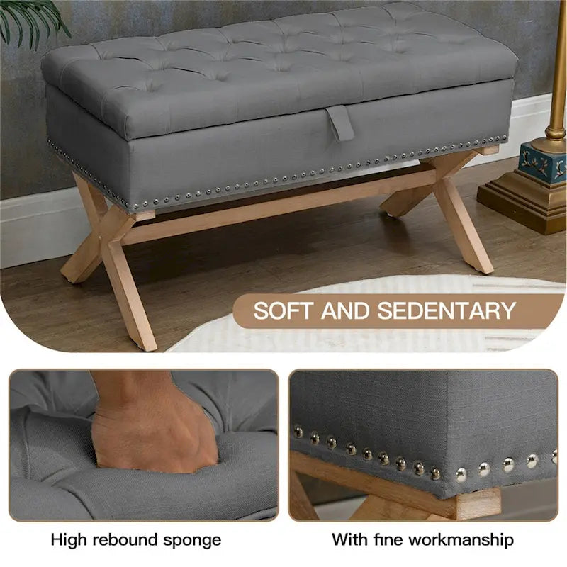 Banc de rangement capitonné en lin avec 35 boutons