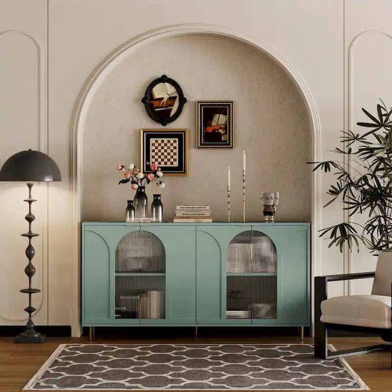 Meuble d'appoint – Buffet/Bahut en bois laqué avec 4 portes vitrées – Armoire de rangement pour salon