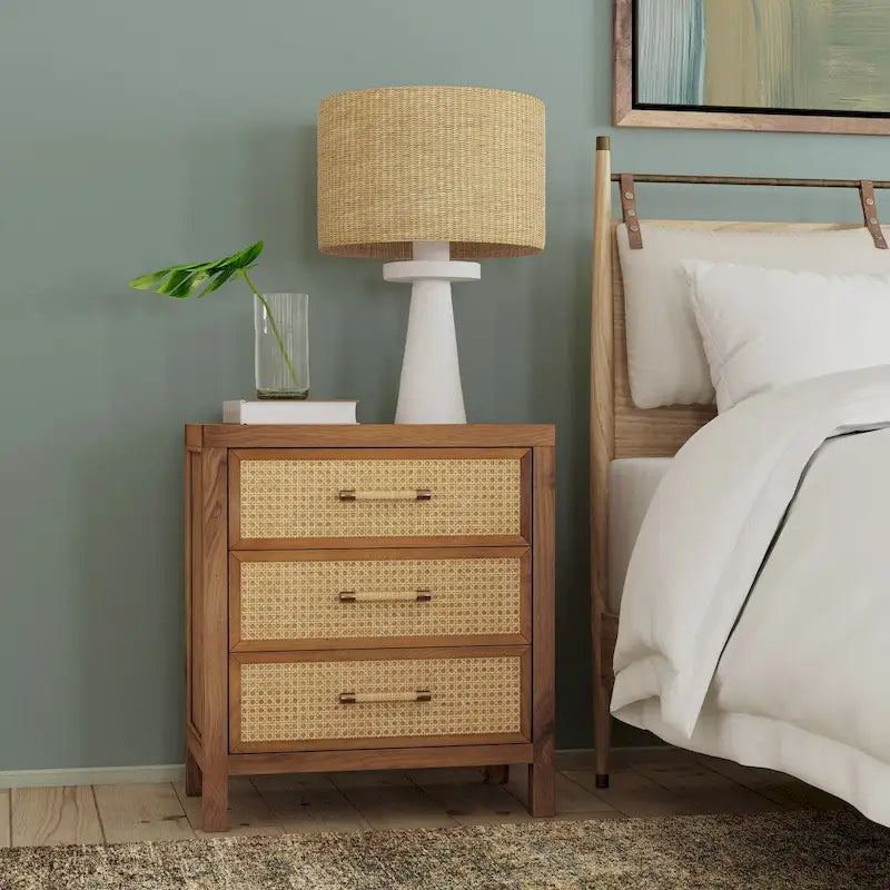 Commode Mesa 3 tiroirs en bois massif et rotin