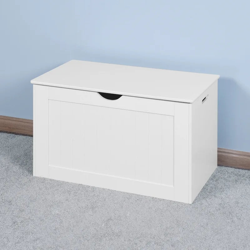 Meuble de rangement d'entrée blanc avec couvercle relevable et 2 charnières de sécurité, coffre à jouets en bois, adapté au salon