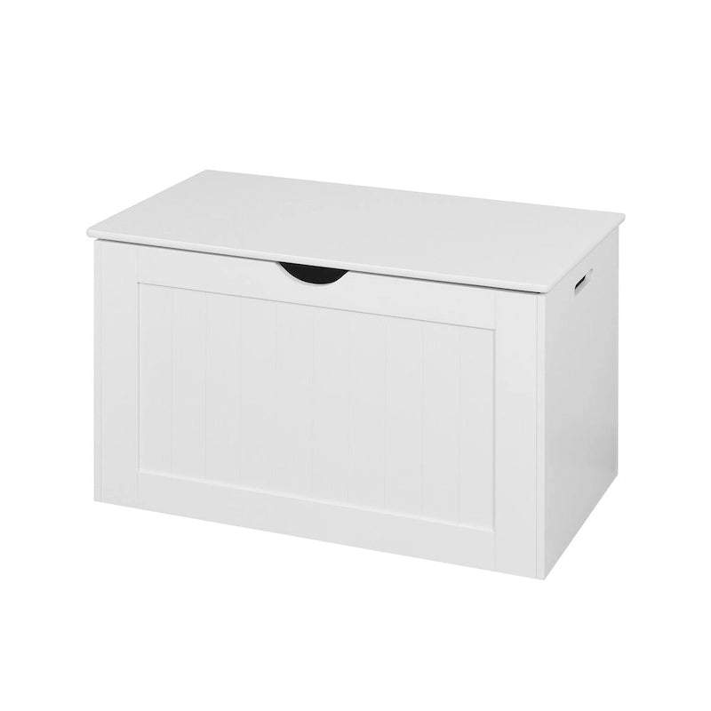 Meuble de rangement d'entrée blanc avec couvercle relevable et 2 charnières de sécurité, coffre à jouets en bois, adapté au salon