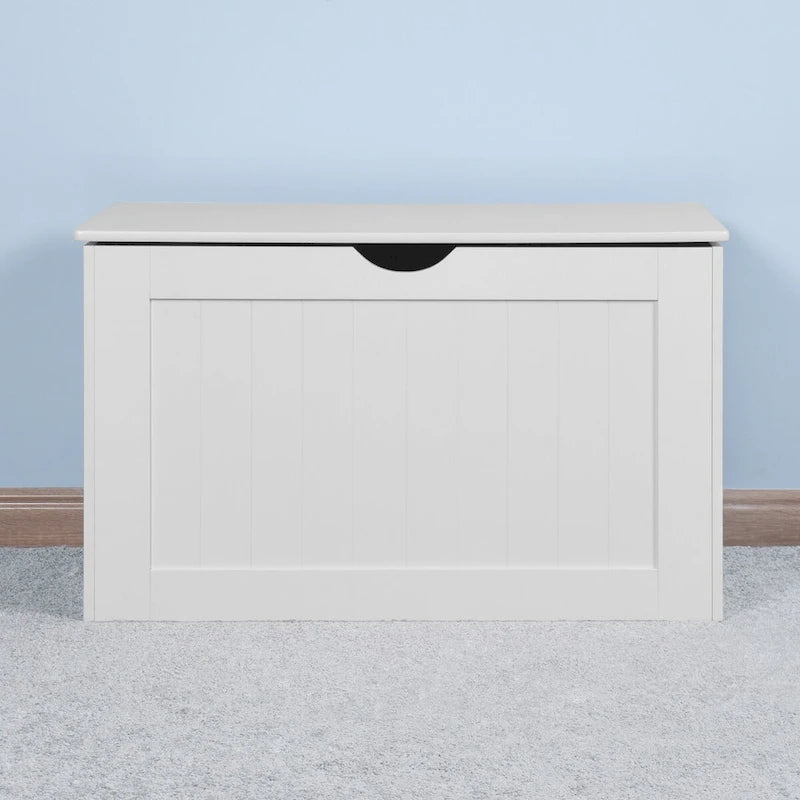 Meuble de rangement d'entrée blanc avec couvercle relevable et 2 charnières de sécurité, coffre à jouets en bois, adapté au salon