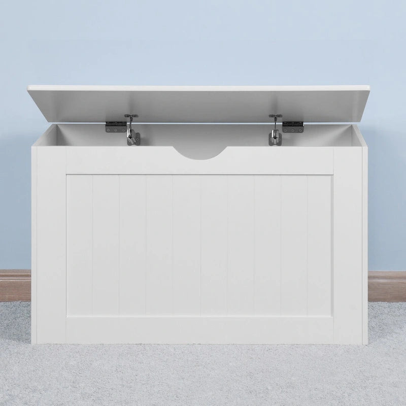 Meuble de rangement d'entrée blanc avec couvercle relevable et 2 charnières de sécurité, coffre à jouets en bois, adapté au salon