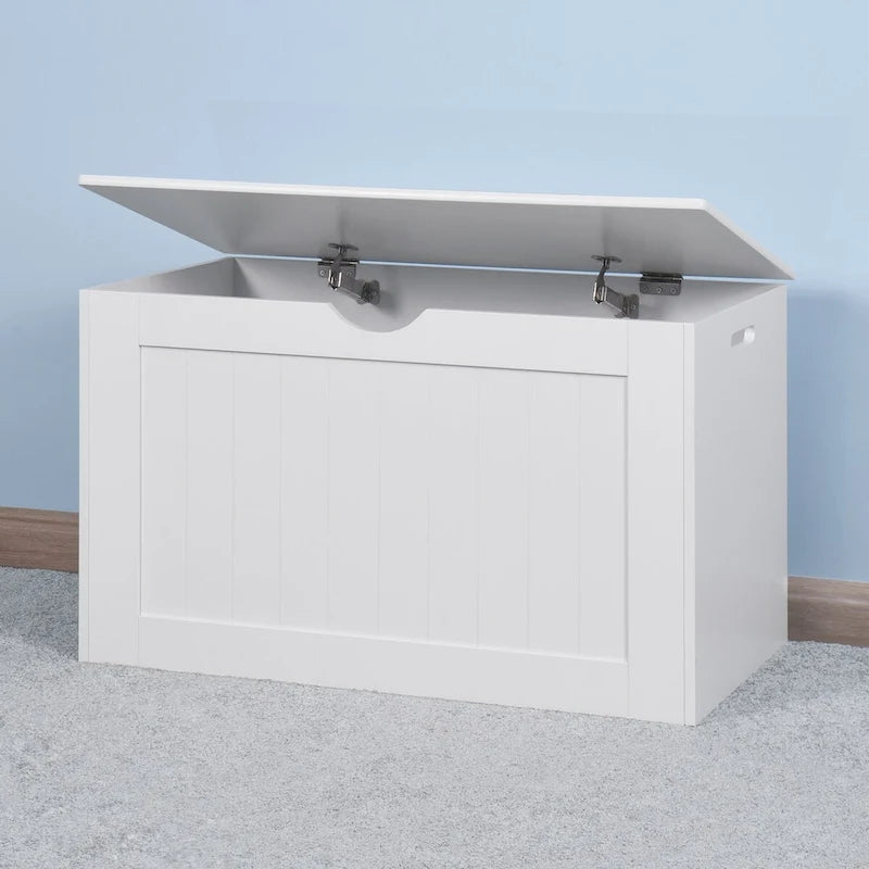 Meuble de rangement d'entrée blanc avec couvercle relevable et 2 charnières de sécurité, coffre à jouets en bois, adapté au salon