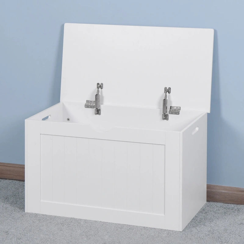 Meuble de rangement d'entrée blanc avec couvercle relevable et 2 charnières de sécurité, coffre à jouets en bois, adapté au salon