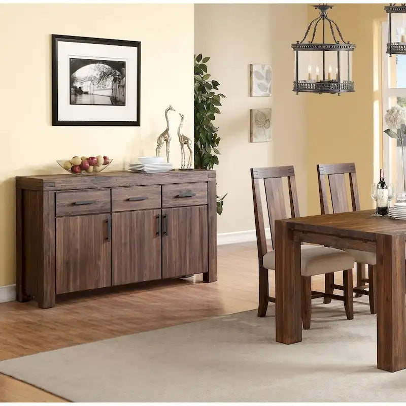 Buffet en bois d'acacia massif trois tiroirs, trois portes, couleur brique