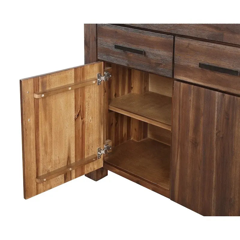 Buffet en bois d'acacia massif trois tiroirs, trois portes, couleur brique