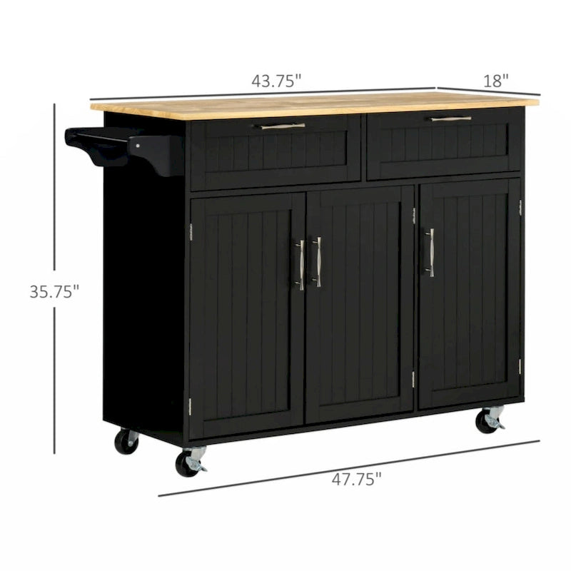 Chariot de cuisine avec plateau en bois, tiroirs de rangement, placards 3 portes, étagères réglables et porte-serviettes, noir