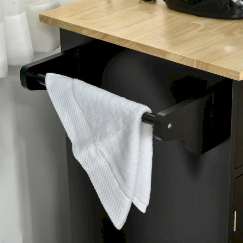Chariot de cuisine avec plateau en bois, tiroirs de rangement, placards 3 portes, étagères réglables et porte-serviettes, noir