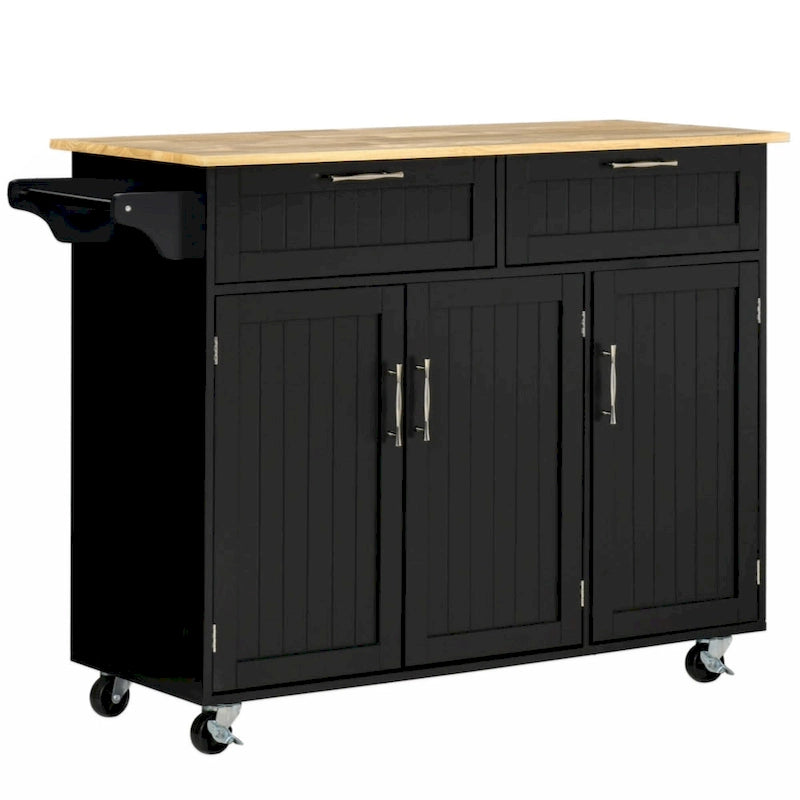 Chariot de cuisine avec plateau en bois, tiroirs de rangement, placards 3 portes, étagères réglables et porte-serviettes, noir