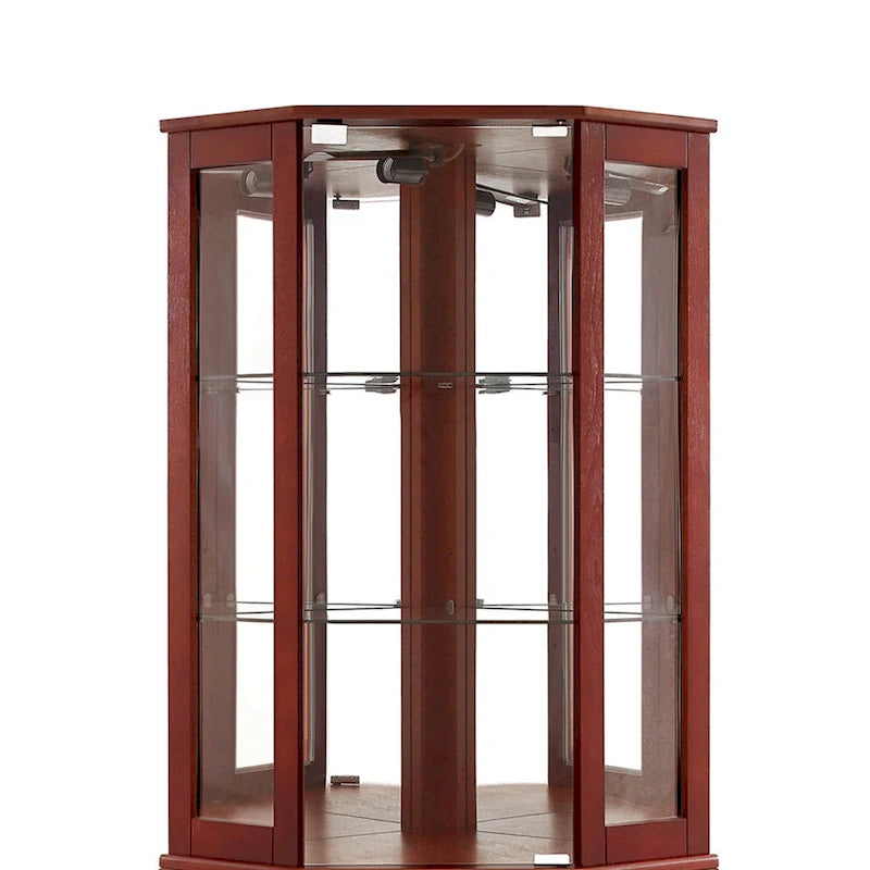 Vitrine d'angle à 6 étagères avec lumières, miroirs et étagères réglables, merisier