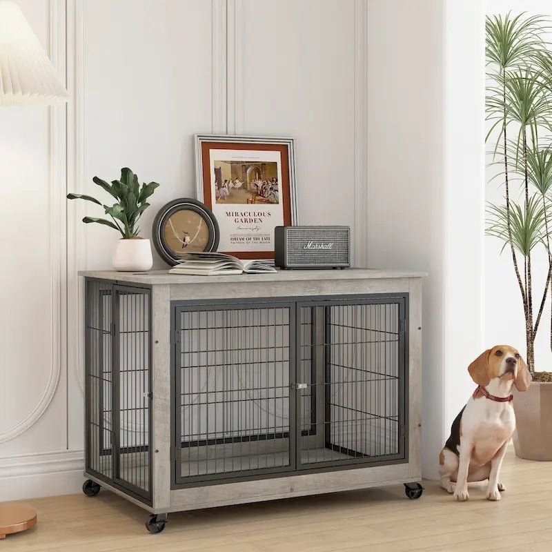 Table d'appoint cage pour chien de style meuble sur roulettes avec portes doubles et plateau relevable, gris, 38,58l x 25,5p x 27,36h