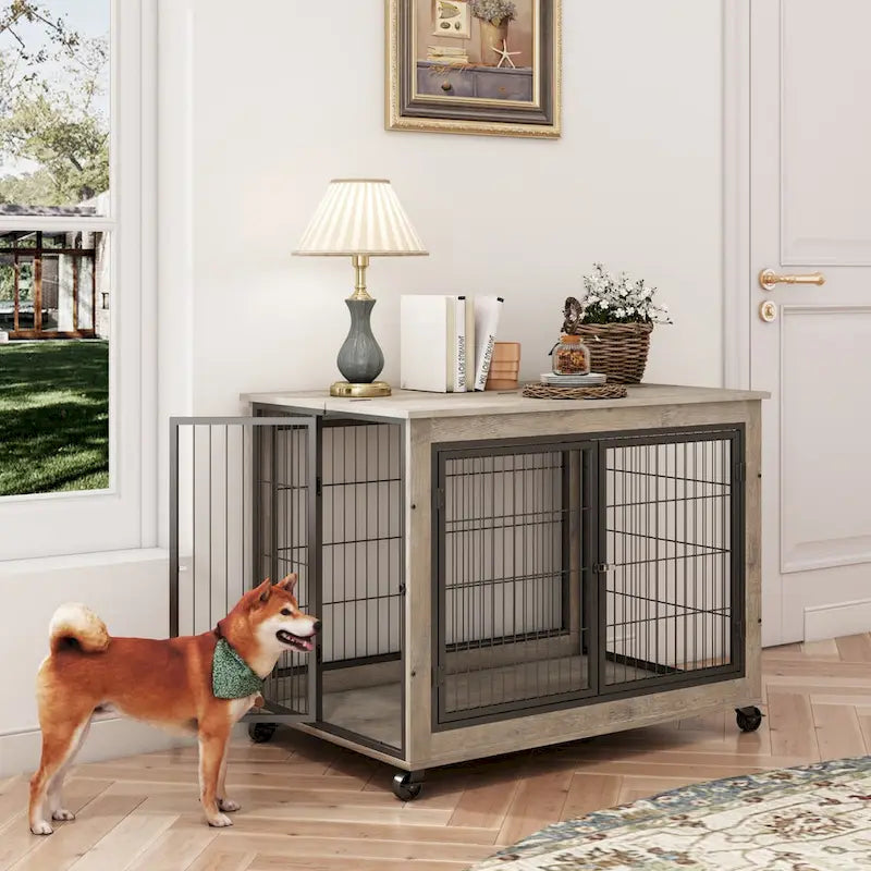 Table d'appoint cage pour chien de style meuble sur roulettes avec portes doubles et plateau relevable, gris, 38,58l x 25,5p x 27,36h