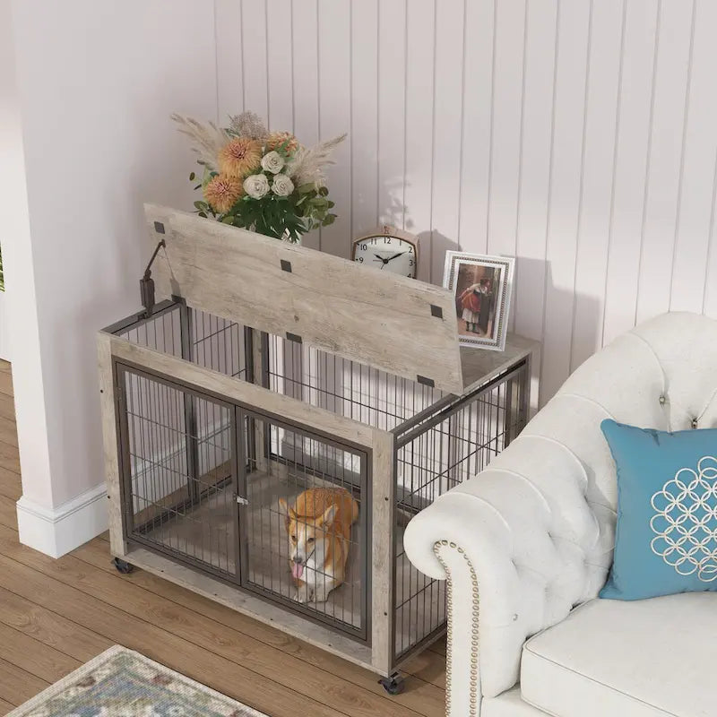 Table d'appoint cage pour chien de style meuble sur roulettes avec portes doubles et plateau relevable, gris, 38,58l x 25,5p x 27,36h