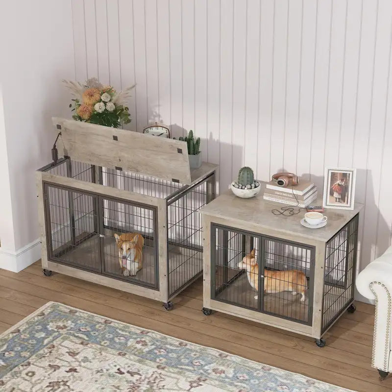 Table d'appoint cage pour chien de style meuble sur roulettes avec portes doubles et plateau relevable, gris, 38,58l x 25,5p x 27,36h