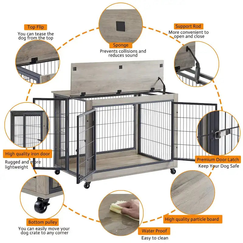 Table d'appoint cage pour chien de style meuble sur roulettes avec portes doubles et plateau relevable, gris, 38,58l x 25,5p x 27,36h