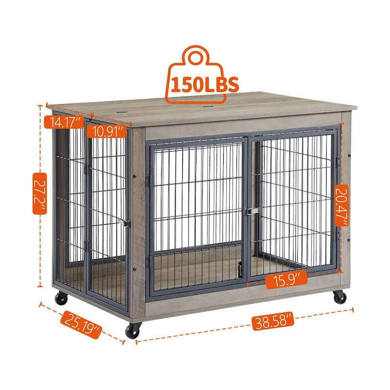 Table d'appoint cage pour chien de style meuble sur roulettes avec portes doubles et plateau relevable, gris, 38,58l x 25,5p x 27,36h
