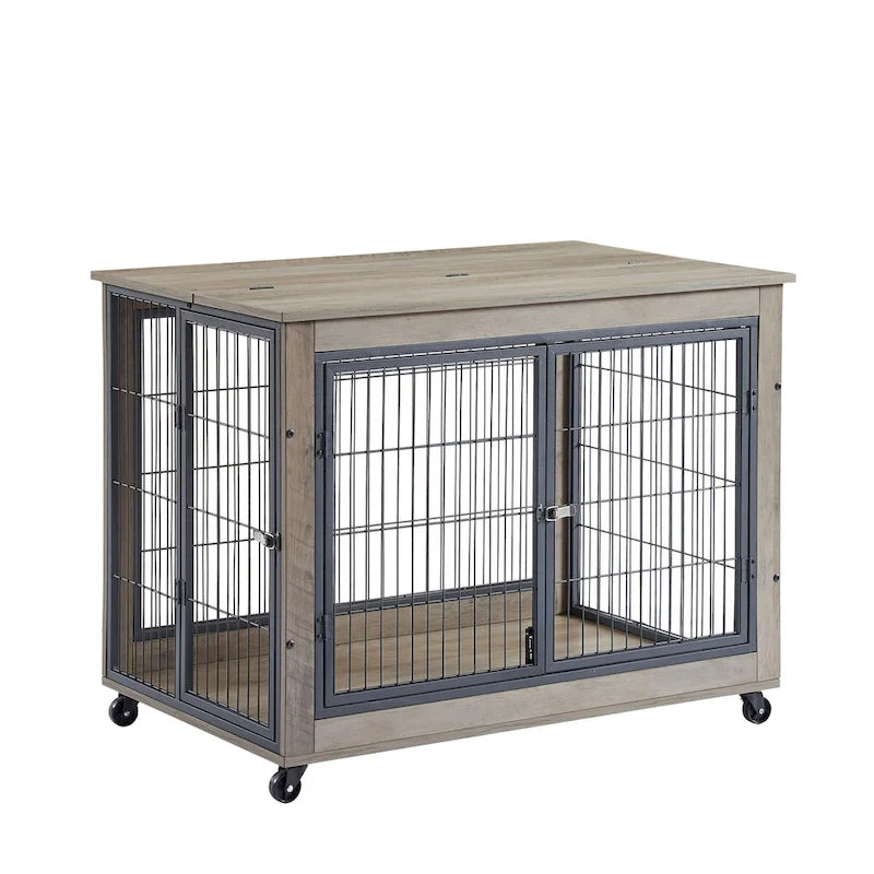 Table d'appoint cage pour chien de style meuble sur roulettes avec portes doubles et plateau relevable, gris, 38,58l x 25,5p x 27,36h